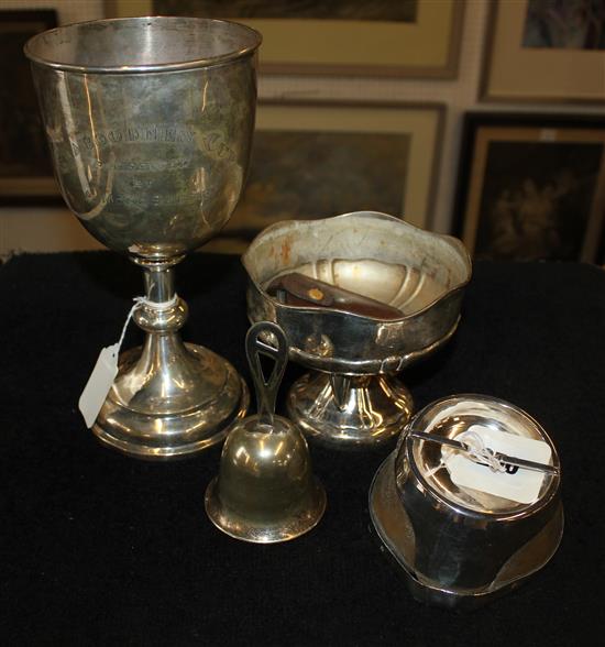 Silver-mounted horse hoof inkwell, inscribed Sind 1912-1920, plated trophy cup & 3 other items